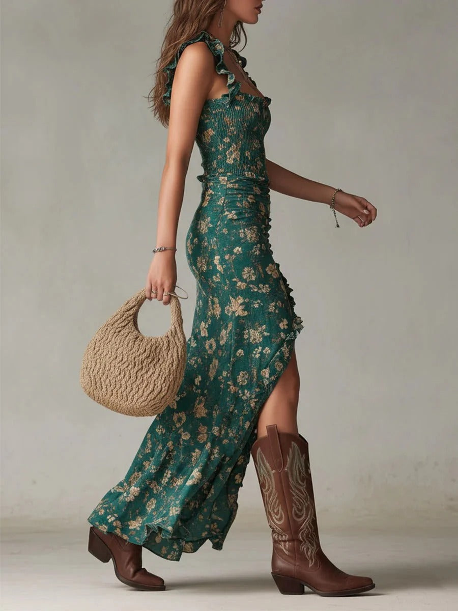 Zara | Vestido largo bohemio con estampado floral y fruncido, con abertura lateral