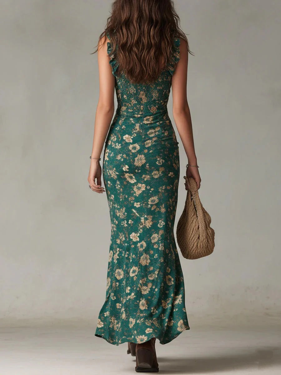 Zara | Vestido largo bohemio con estampado floral y fruncido, con abertura lateral