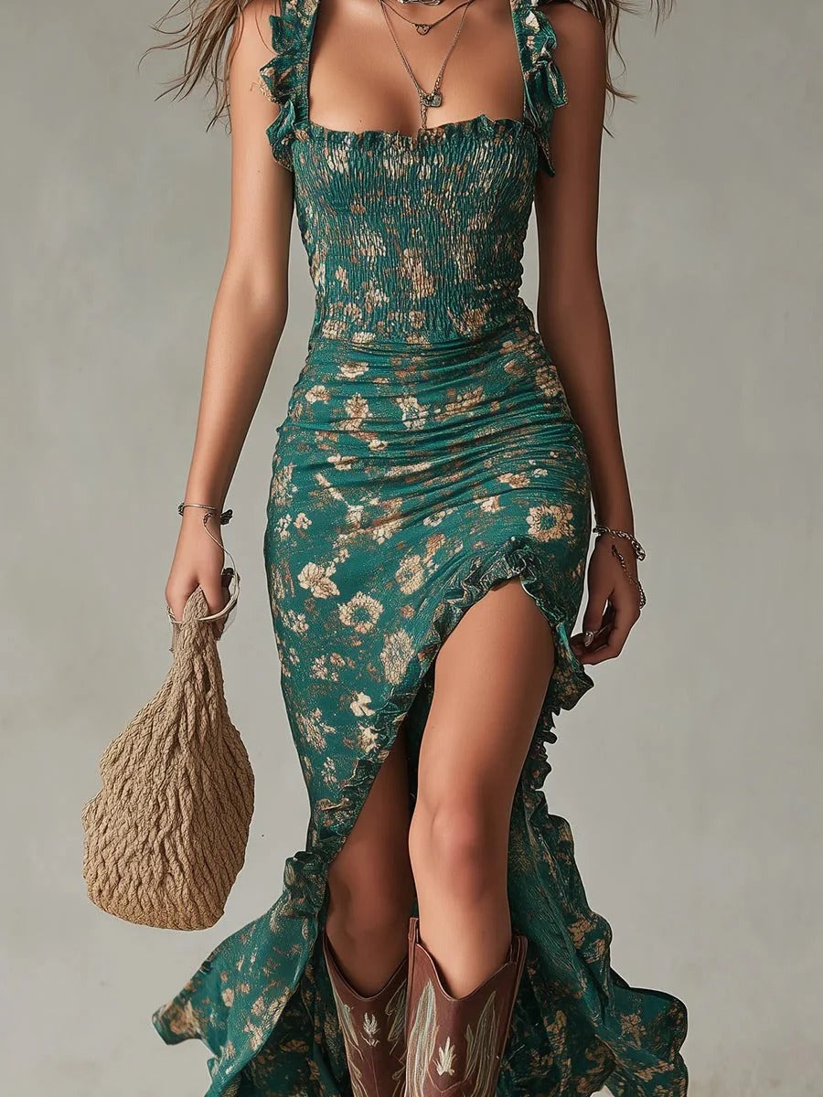 Zara | Vestido largo bohemio con estampado floral y fruncido, con abertura lateral